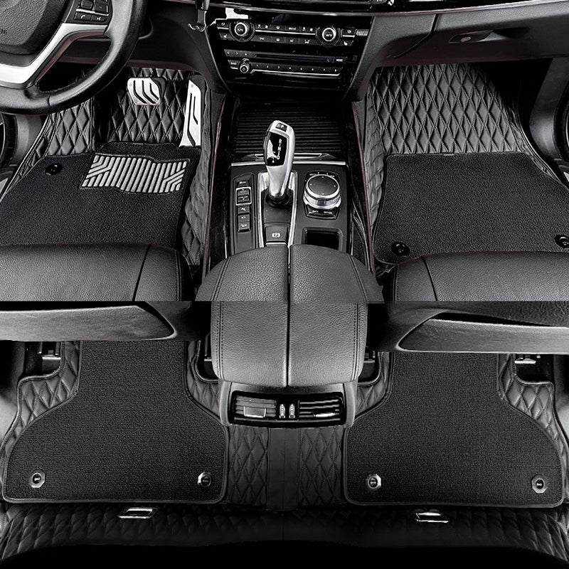 Universal Diamond Stitch Leather Floor Mats With Dash Mat – Black Leatherette 4-Piece Set