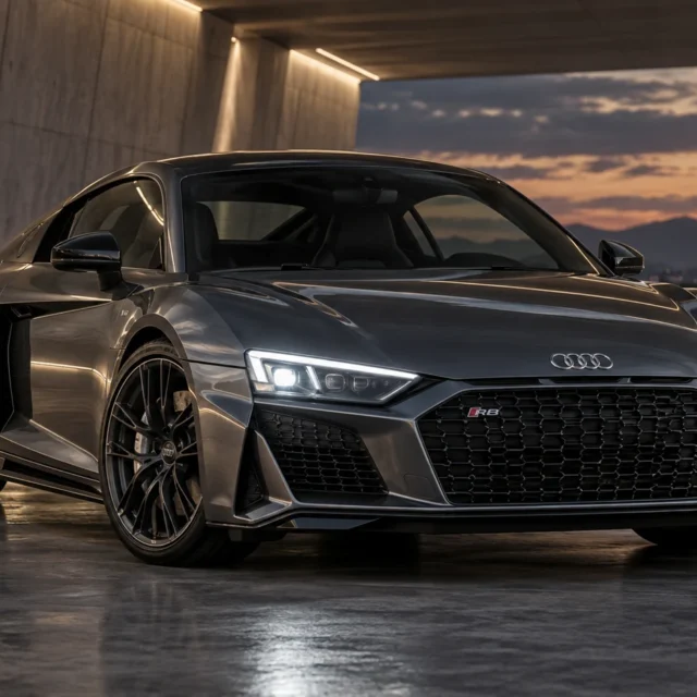 Illustrative Audi R8 viewed from the front, showing both headlights.