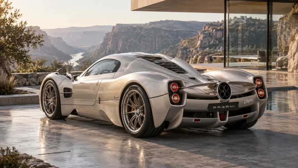 Illustrative silver exotic car by a modern pavilion