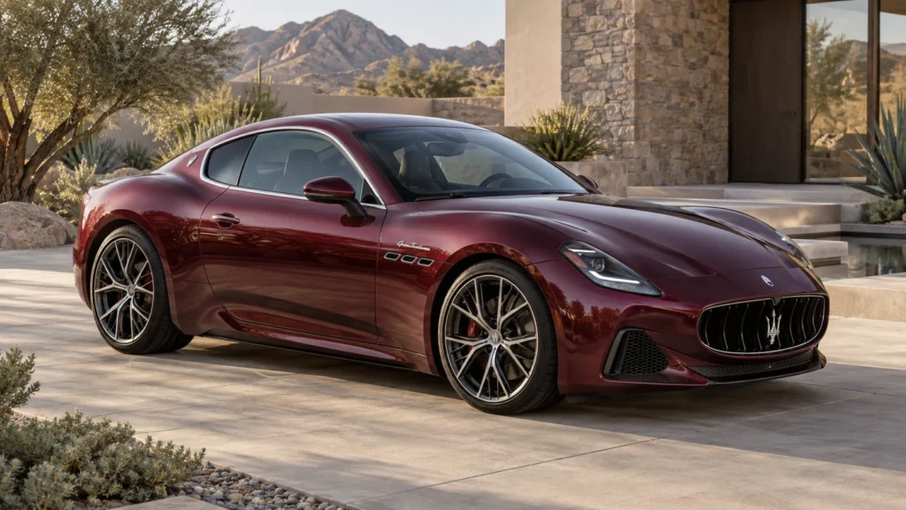 Illustrative burgundy grand touring coupe