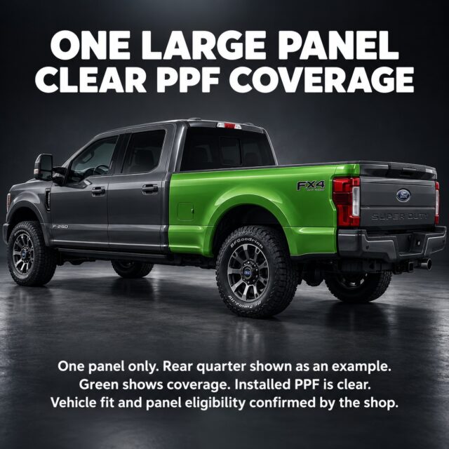 Coverage illustration of one large pickup bedside panel highlighted green. Other panels are excluded; installed PPF is clear.