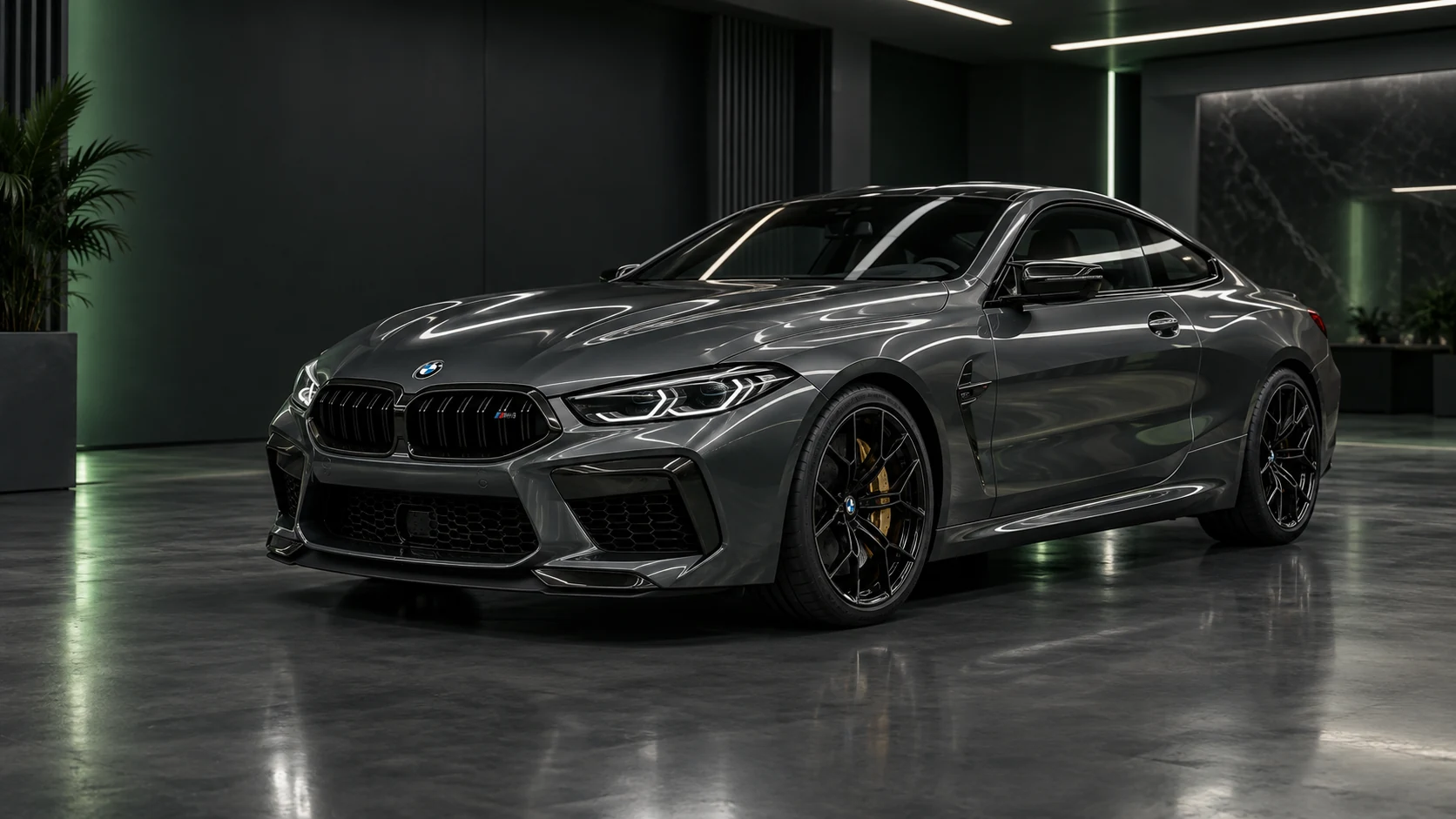 Graphite BMW M8 in a softly lit luxury studio