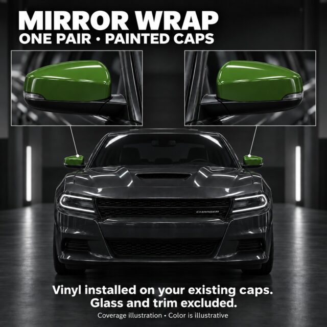 Coverage illustration of a graphite Dodge Charger with both painted mirror caps shown in green and enlarged detail views; glass, trim and other body panels excluded.