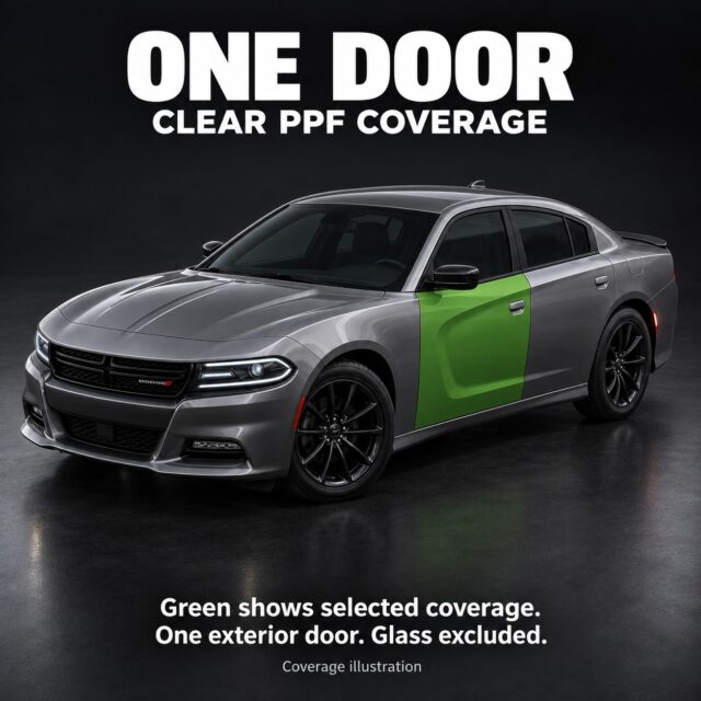 Coverage illustration of a graphite Dodge Charger with one front door highlighted in green; glass, mirror and other panels excluded.