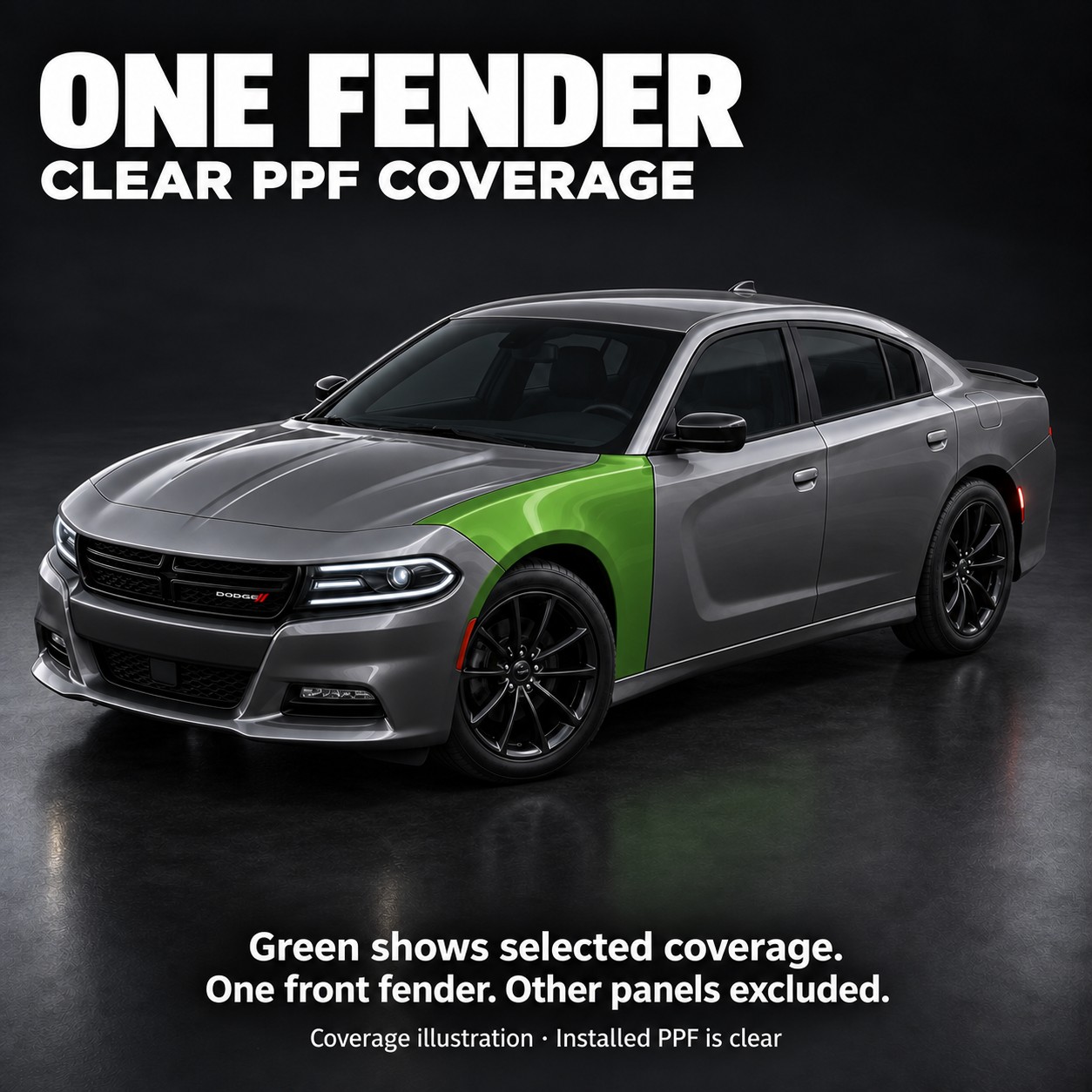 Coverage illustration of a graphite Dodge Charger with one front fender highlighted in green; the hood, bumper, wheel, lights, door and other panels are excluded.