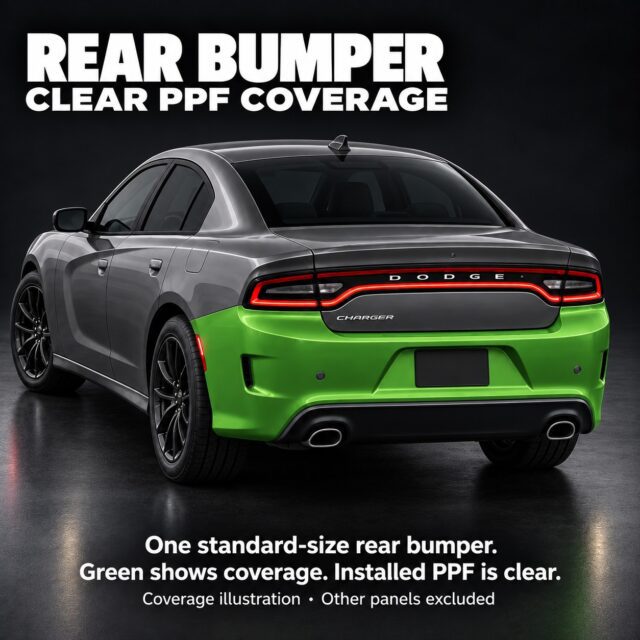 Coverage illustration of a graphite Dodge Charger with the painted rear bumper highlighted in green. The trunk lid, lights, sensors, glass, wheels, exhaust and black lower trim are excluded.