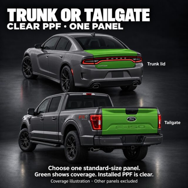 Coverage illustration showing two alternatives: a Dodge Charger trunk lid or a Ford F-150 tailgate highlighted in green. The service covers one panel; lights, glass, trim, bumpers and other panels are excluded.